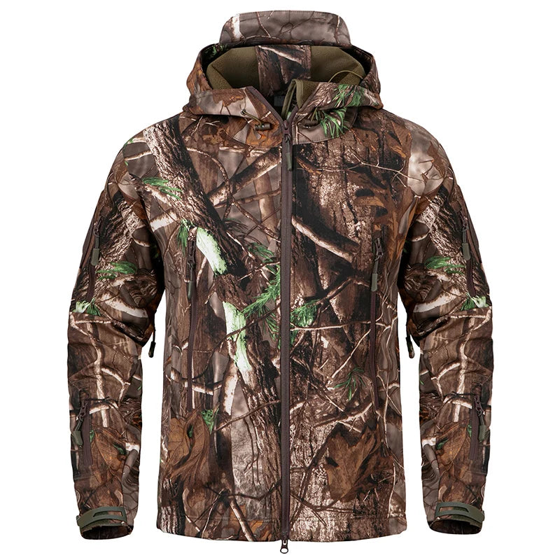 Silent Softshell Camouflage Hunting Jacket Men Waterproof Fleece Hooded Hunting Clothes Warm Outdoor Hiking Tactical Coat