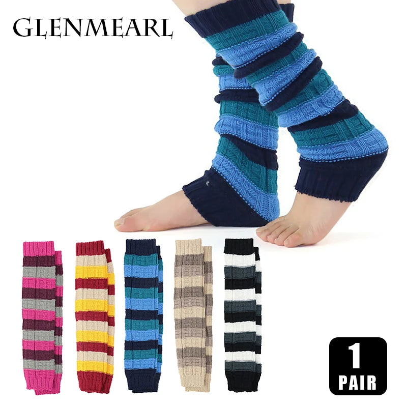 Striped Knit Calf Leg Warmers with Stirrup Foot Shape