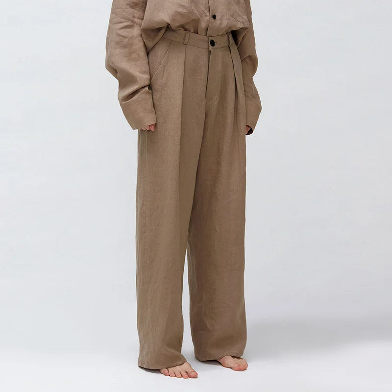 Women's Linen Loose Wide-Leg Full-Length Pants with Button Fly for Casual Outfits