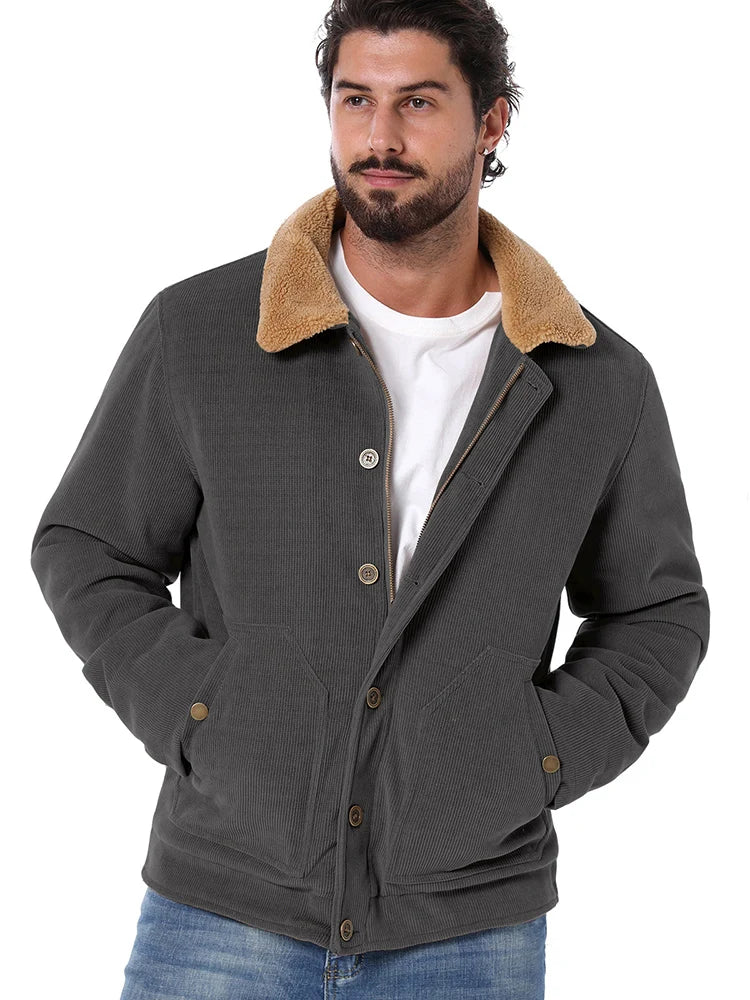 Men's Winter Corduroy Jacket Fleece Warm Lined Cargo Work Jacket Casual Thick Sherpa Collar Trucker Deck Navy Coats