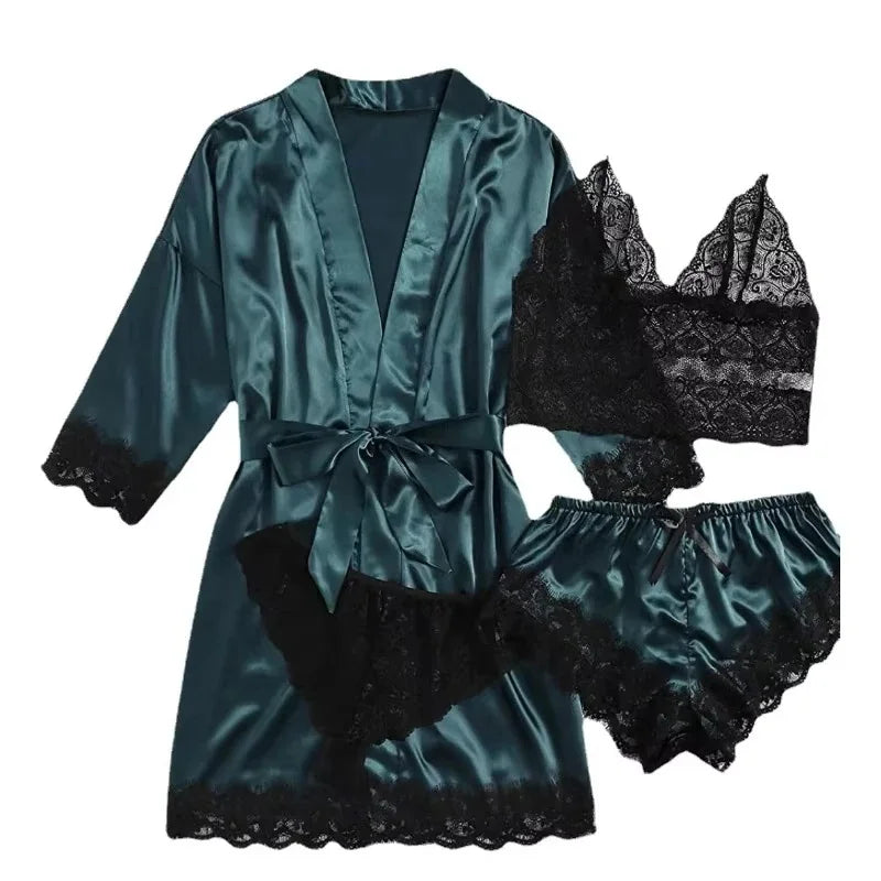 Women's Lace Trim Four Piece Pajama Set with Robe and Shorts