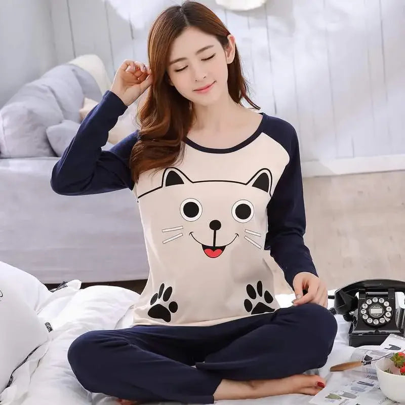 Women's Cartoon Print Long Sleeve Pajama Set with Top and Pants