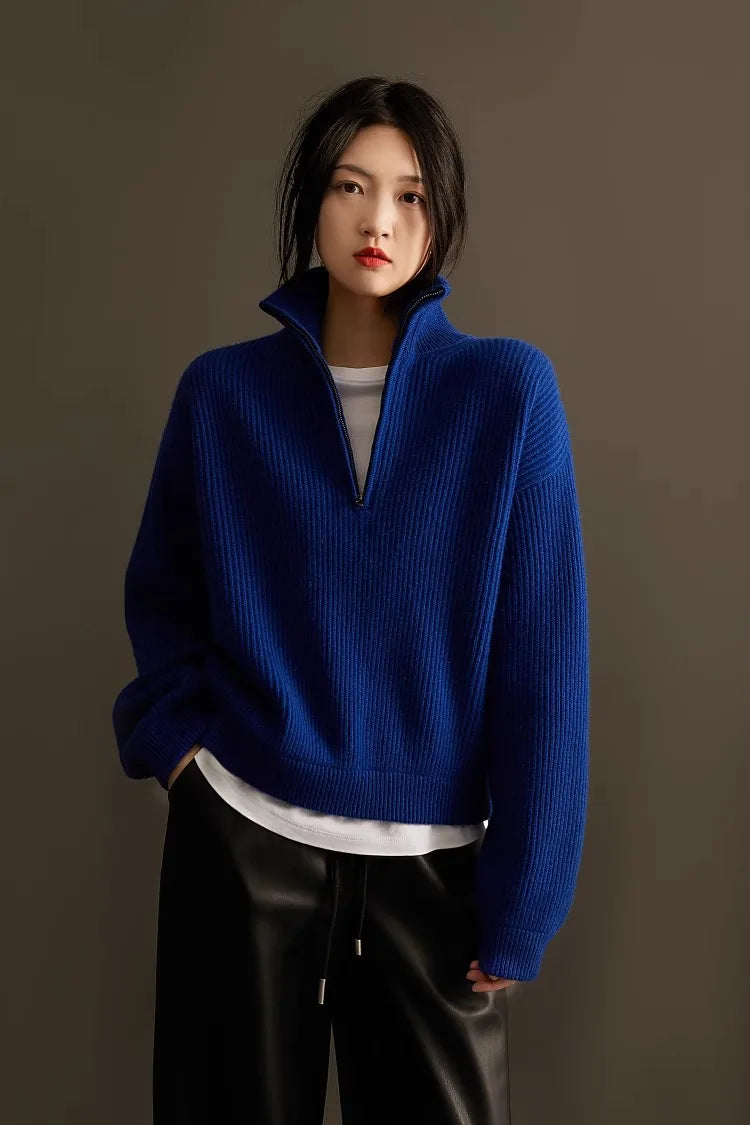 100% pure cashmere sweater women's half zip stand collar thick loose lapel pullover sweater