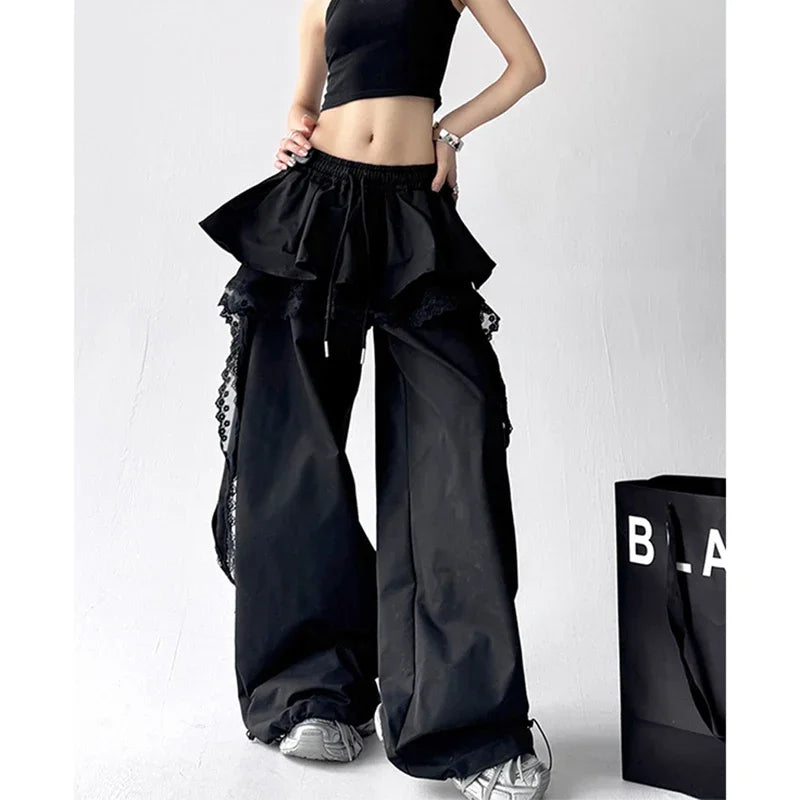 Women's Wide Leg Pants with Layered Lace Trim and Cargo Pockets