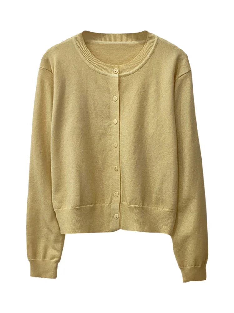 Women's Cotton-Polyester Solid Long-Sleeve Crewneck Button-Front Knit Cardigan for Everyday Layered Outfits