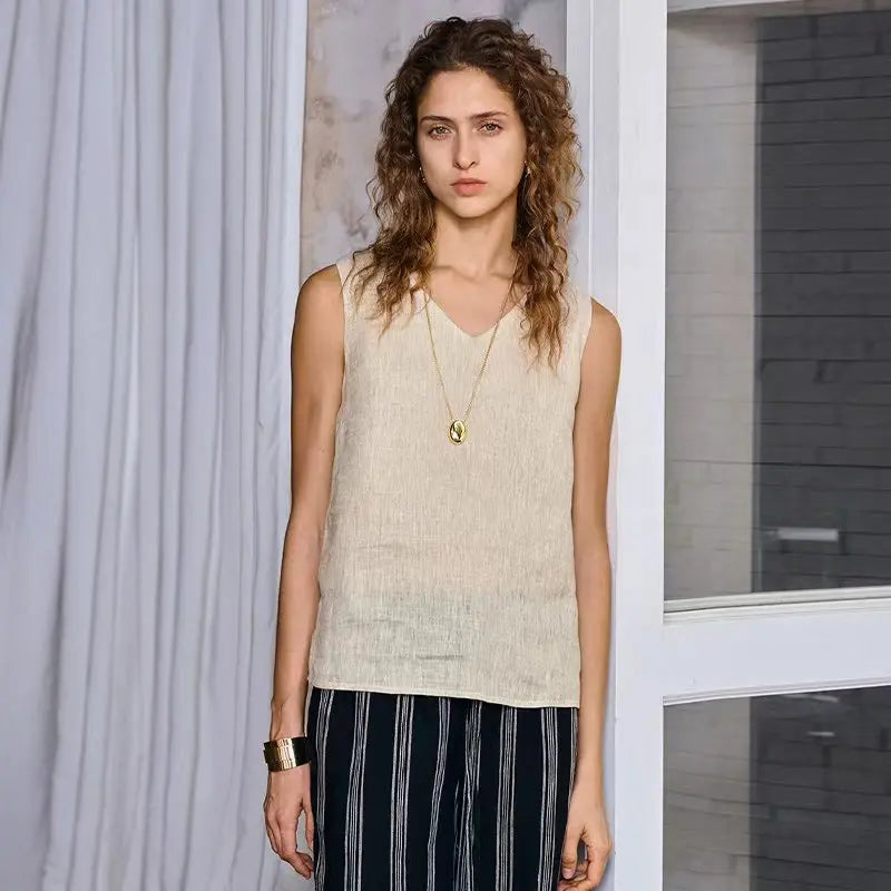 Women's Linen Sleeveless V-Neck Relaxed Tank Top for Casual Summer Everyday Outfits