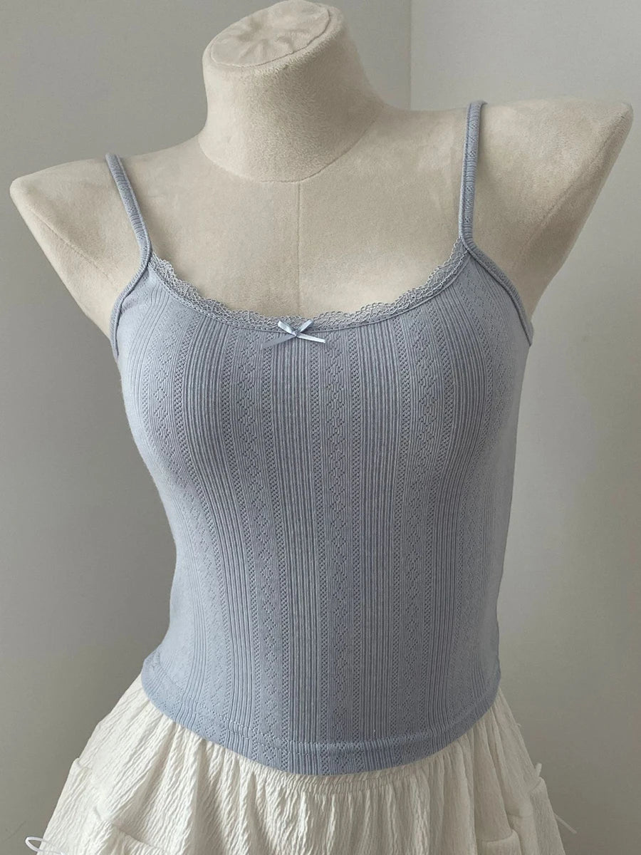 Women's Lace Trim Cotton Camisole with Bow Detail and Multiple Pattern Options