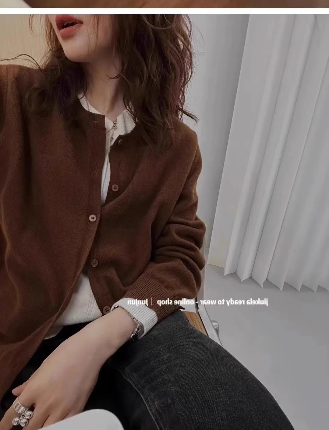 Fake two 100% pure cashmere sweater cardigan dark grey high-grade wool knit coat top