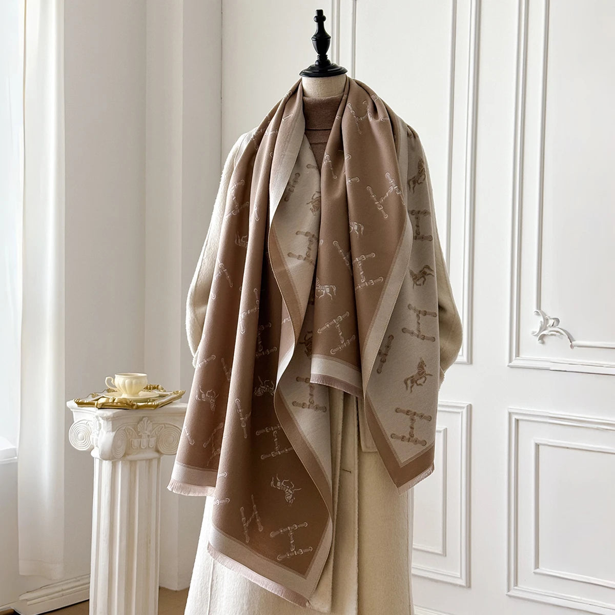 Monogram Pattern Fringed Wrap Scarf for Layering over Outfits