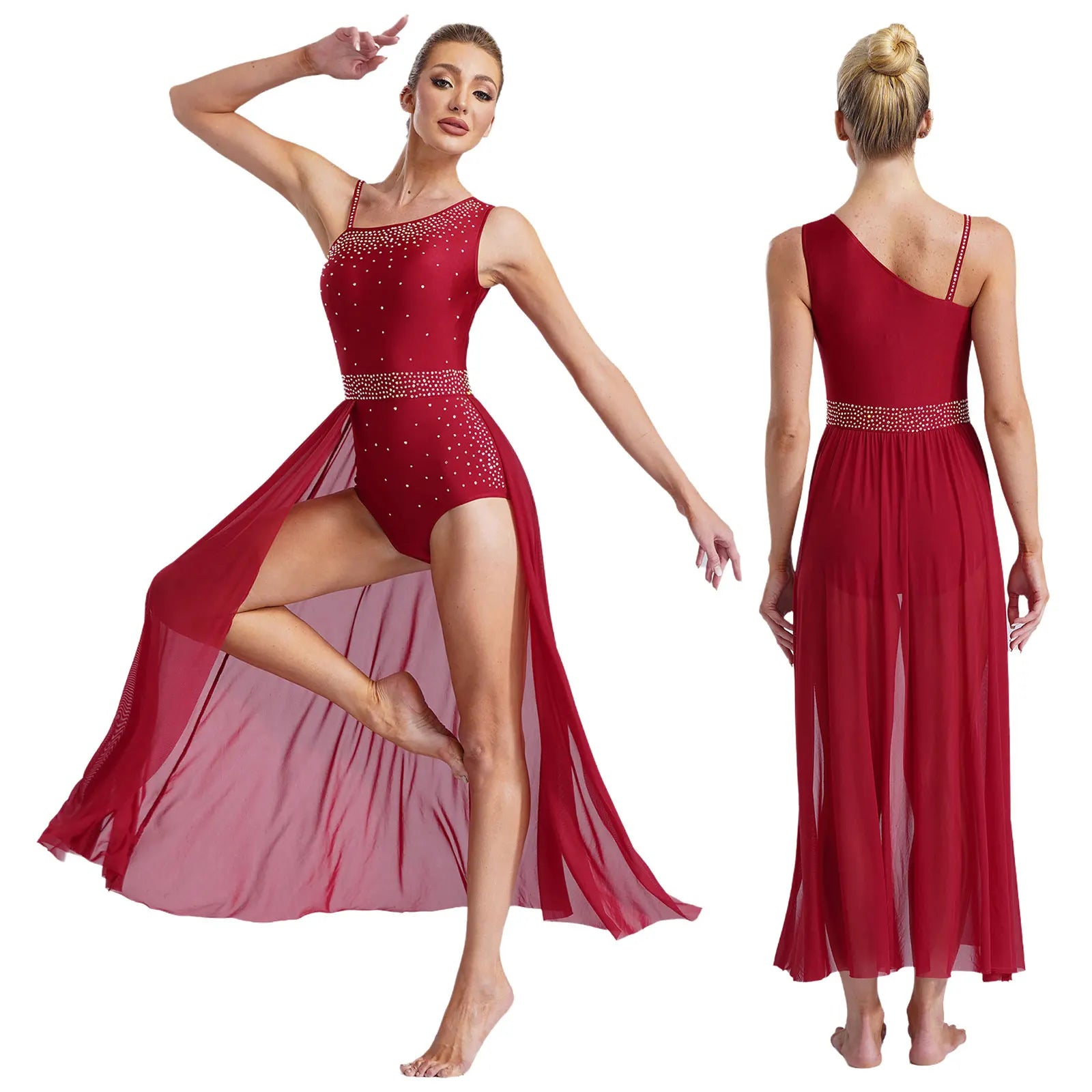 Women's Sleeveless Rhinestone Lyrical Dance Dress with Long Split Mesh Skirt