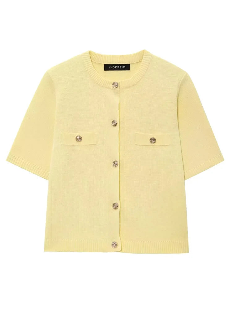 Women's Short Sleeve Chest Flap Button Front Cardigan