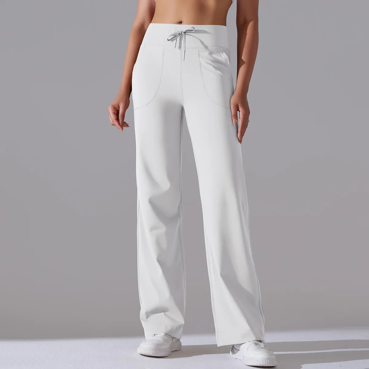 Women's Drawstring Waist Nylon Blend Wide Leg Pants with Extended Length Options