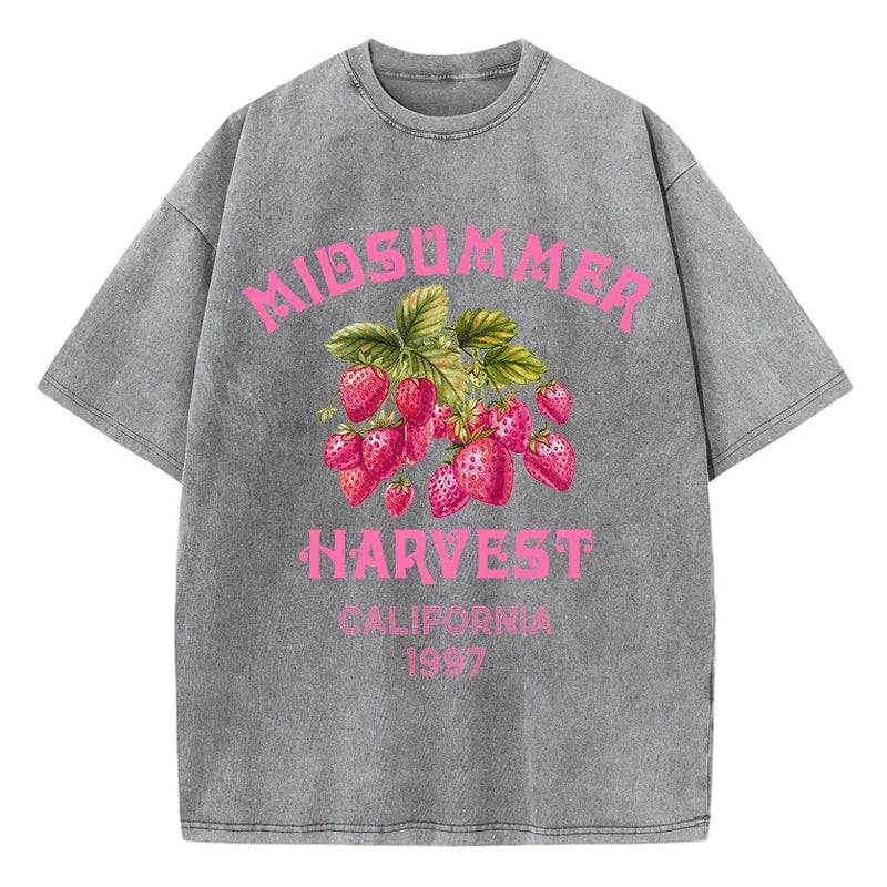 Men's Cotton T-shirt Strawberry Printed Washed T-shirt Comfortable Round Neck Top Men's Summer Clothing
