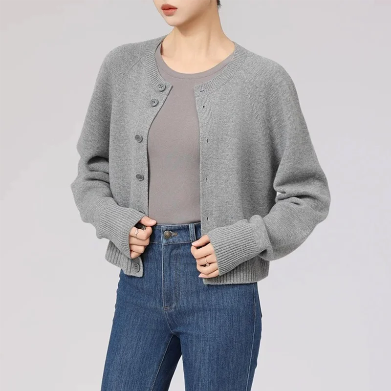 Autumn/Winter round-neck 100% wool knitted sweater cardigan women's coat long-sleeved top