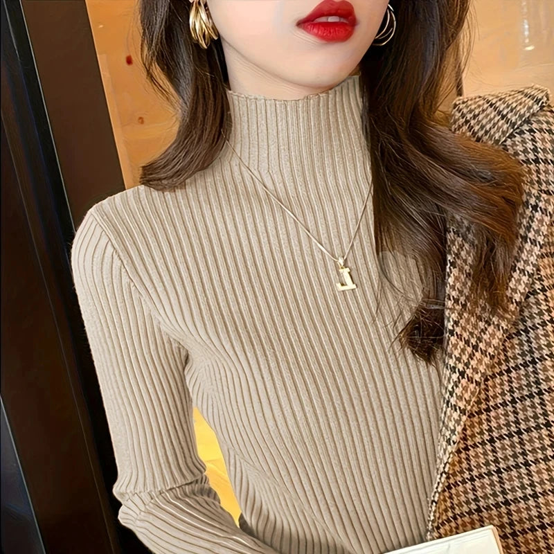Women's Ribbed Mock Neck Long Sleeve Sweater Casual Knit Layer