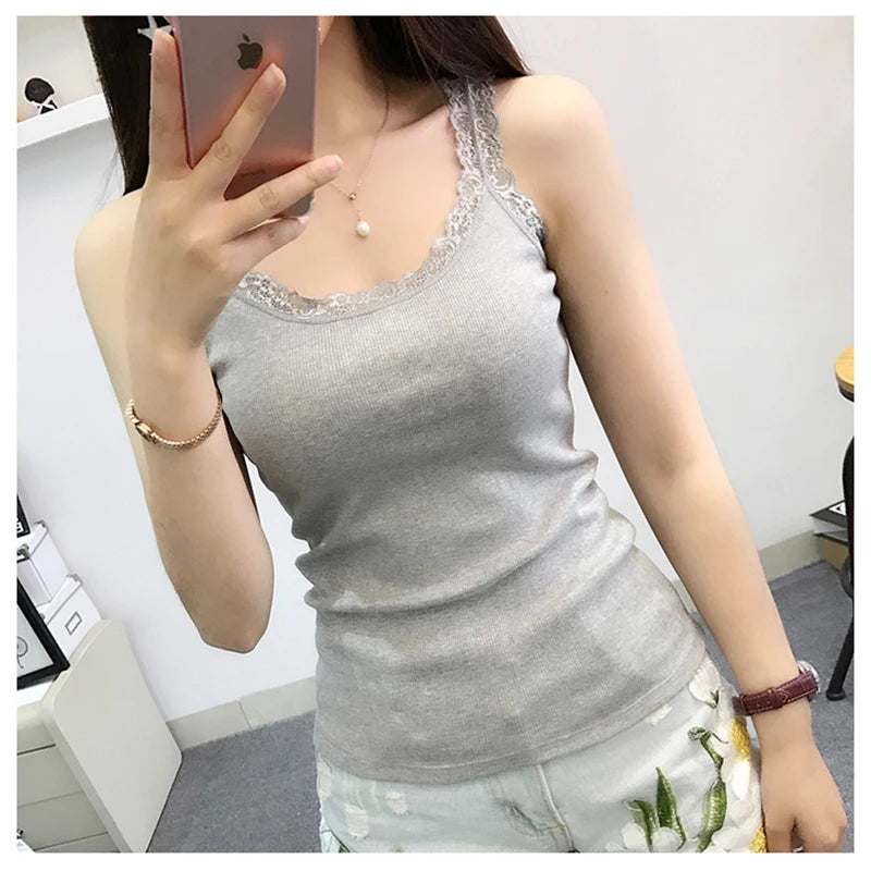 Women's Lace Trim Cotton Tank and Camisole Tops with Multiple Strap Styles