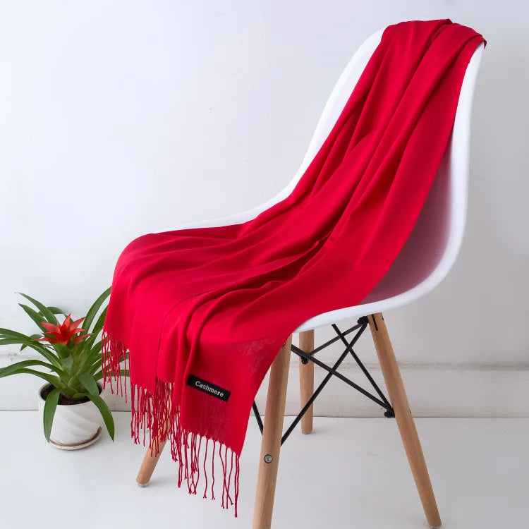 Solid Long Rectangular Scarf with Fringed End Trim