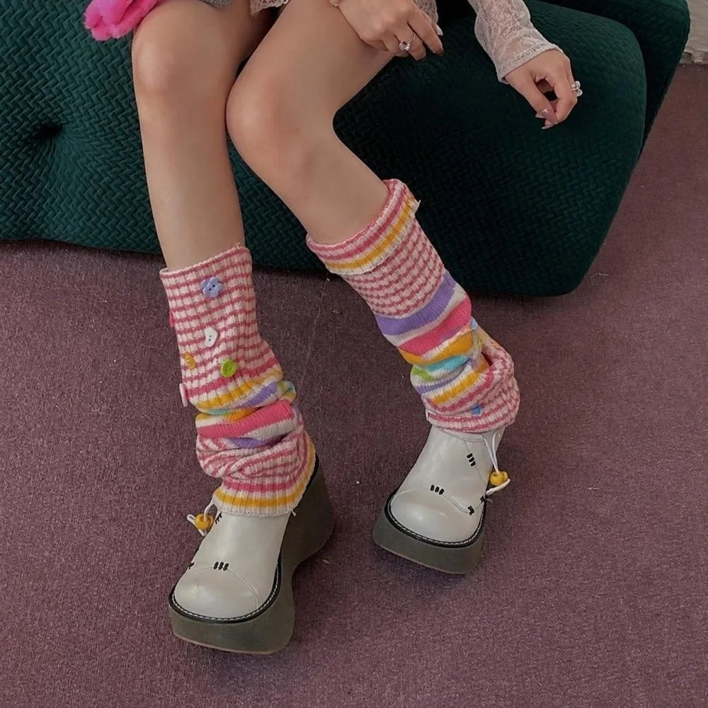 Pastel Striped Knit Leg Warmers with Decorative Floral Details