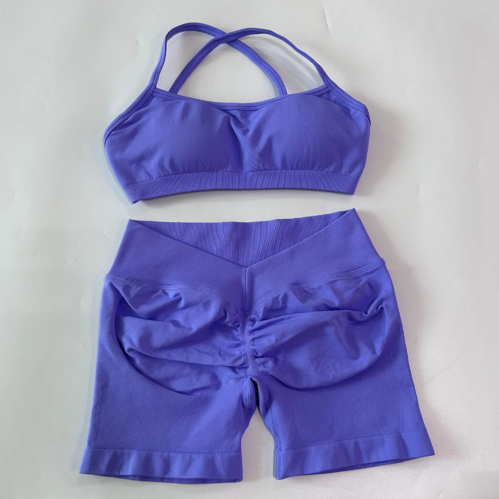 Women's Cross Strap Bra And Shorts Yoga Set