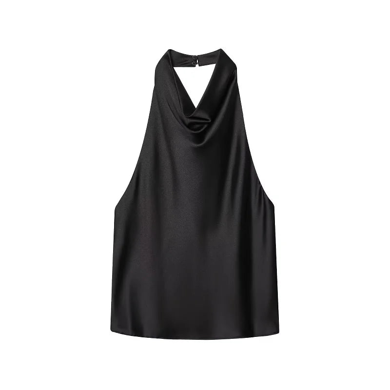 Women's Satin Polyester Halter Camisole with an Open Back and Draped Front