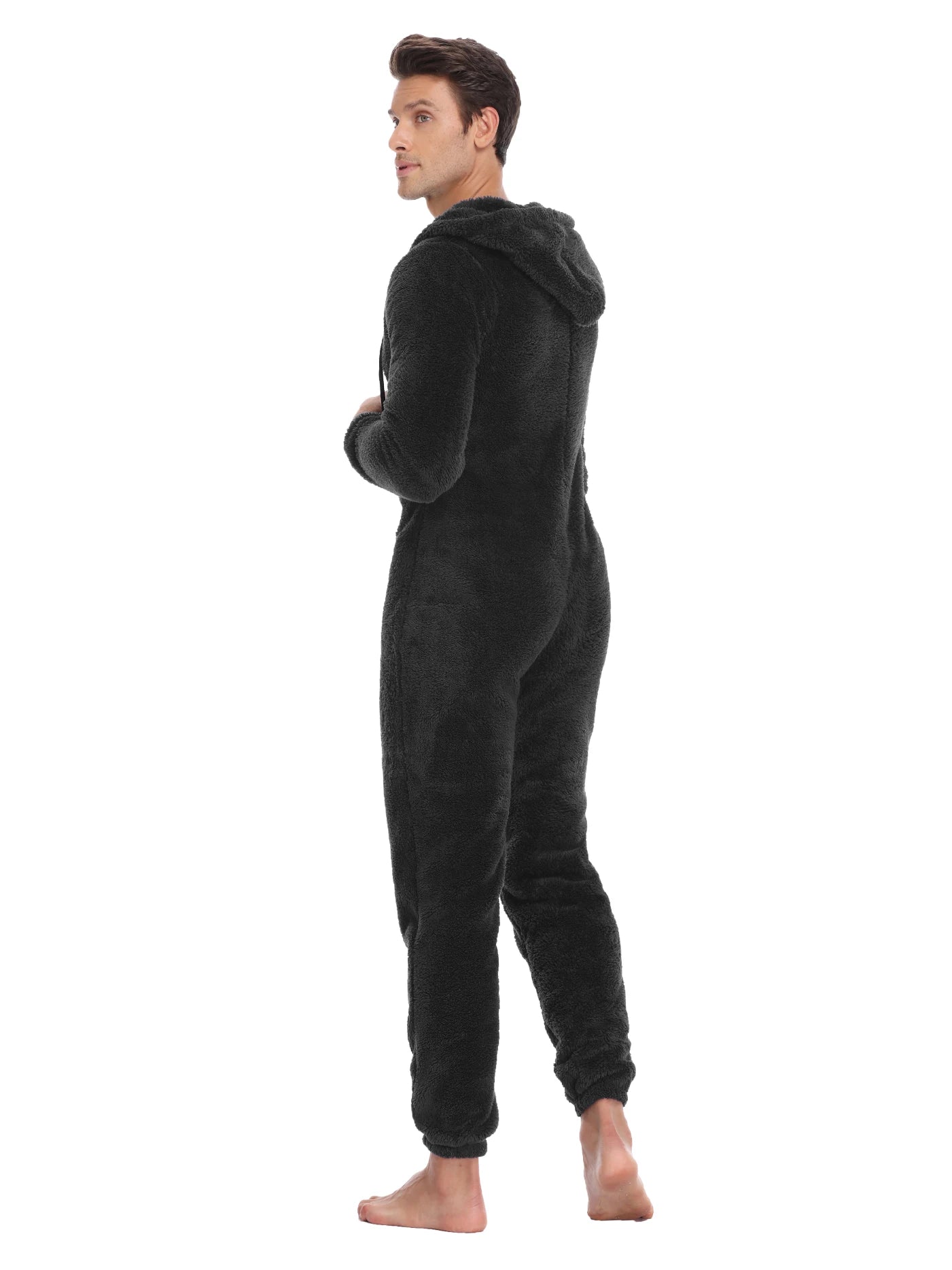 Men's Hooded Long Sleeve Zip Front Plush Pajama Jumpsuit