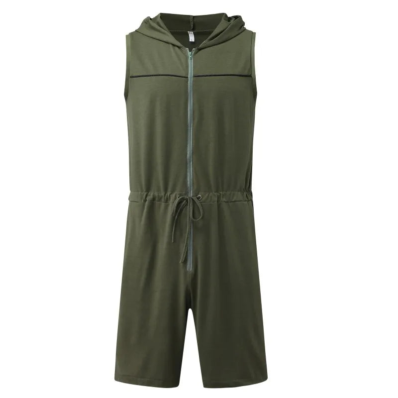Men's Sleeveless Hooded Zip Front Short Pajama Romper