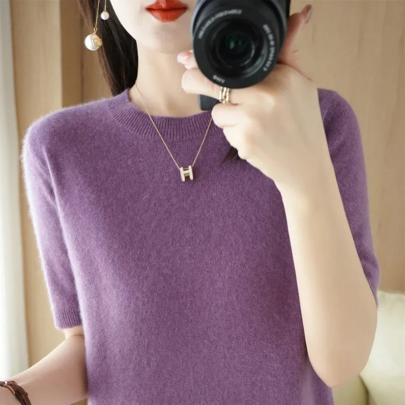 Women's Crew Neck Short Sleeve Sweater Casual Knit Layer