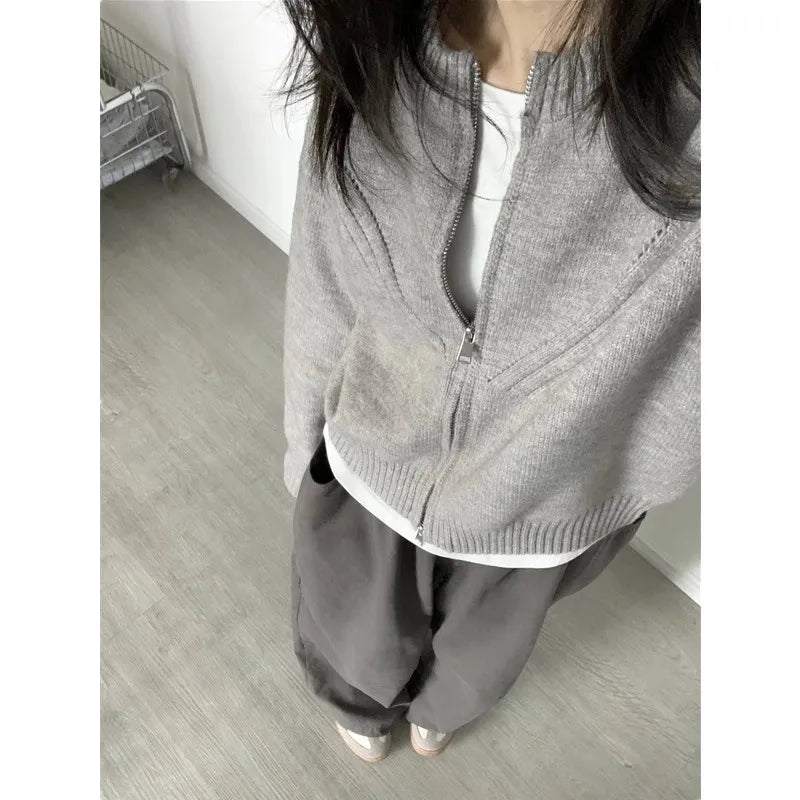 High-end grey retro cashmere knitted zipper cardigan women loose sweater coat with wool autumn and winter