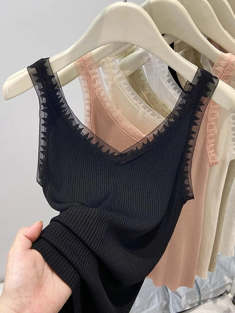 Women's Lace Edge Cotton Blend Ribbed Tank Top with V Neck