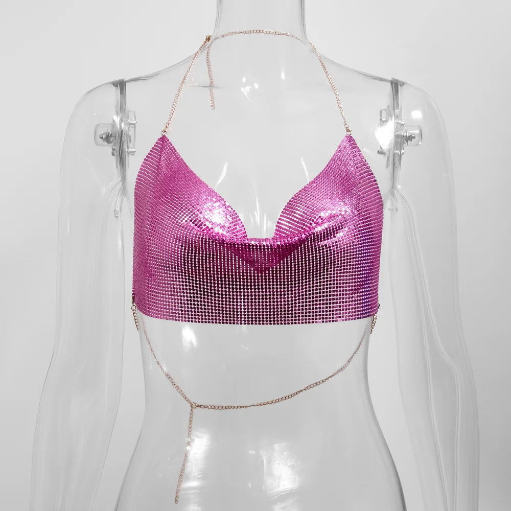 Women's Metallic Chain Mesh Halter Crop Top with Draped Neckline