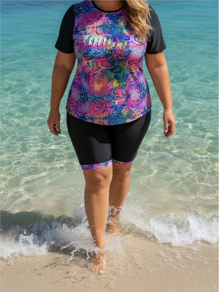 Women's Printed Short Sleeve Swim Top and Long Shorts Set