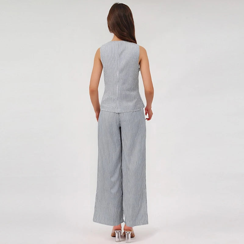 Women's Cotton-Linen Two-Piece Set with Sleeveless V-Neck Tie-Detail Top and Full-Length Pants