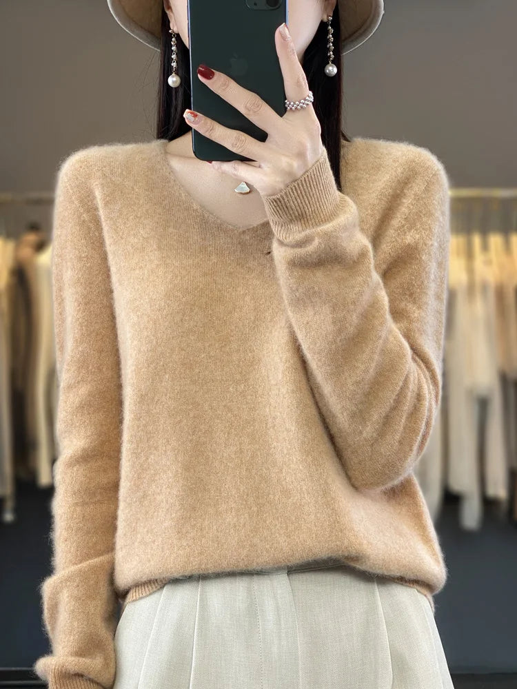 Women's V Neck Long Sleeve Sweater Casual Knit Layer