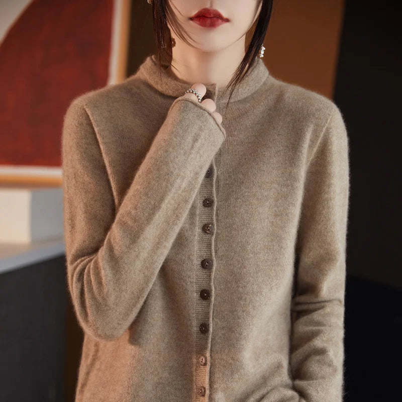 Women's Wool Solid Long-Sleeve Button-Front Knit Cardigan for Autumn Winter Layered Outfits