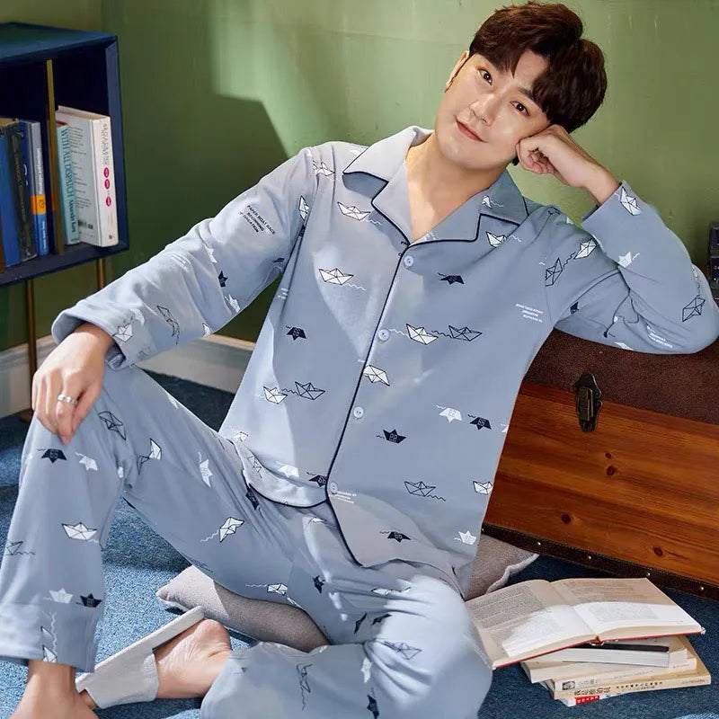 Men's Printed Button Front Long Sleeve Shirt and Pants Pajama Set