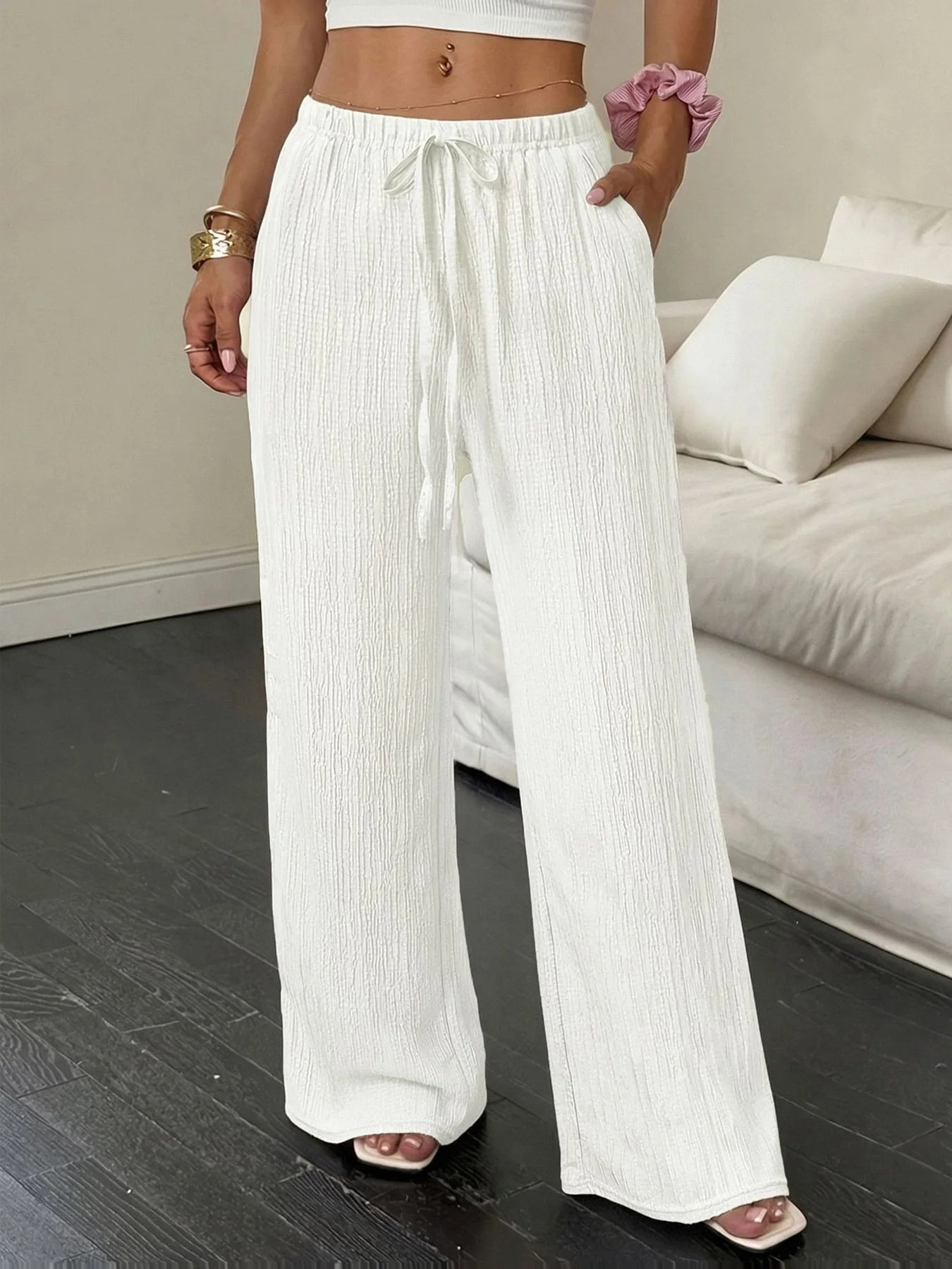 Women's Crinkle Textured Polyester Blend Palazzo Pants with Elastic Waist