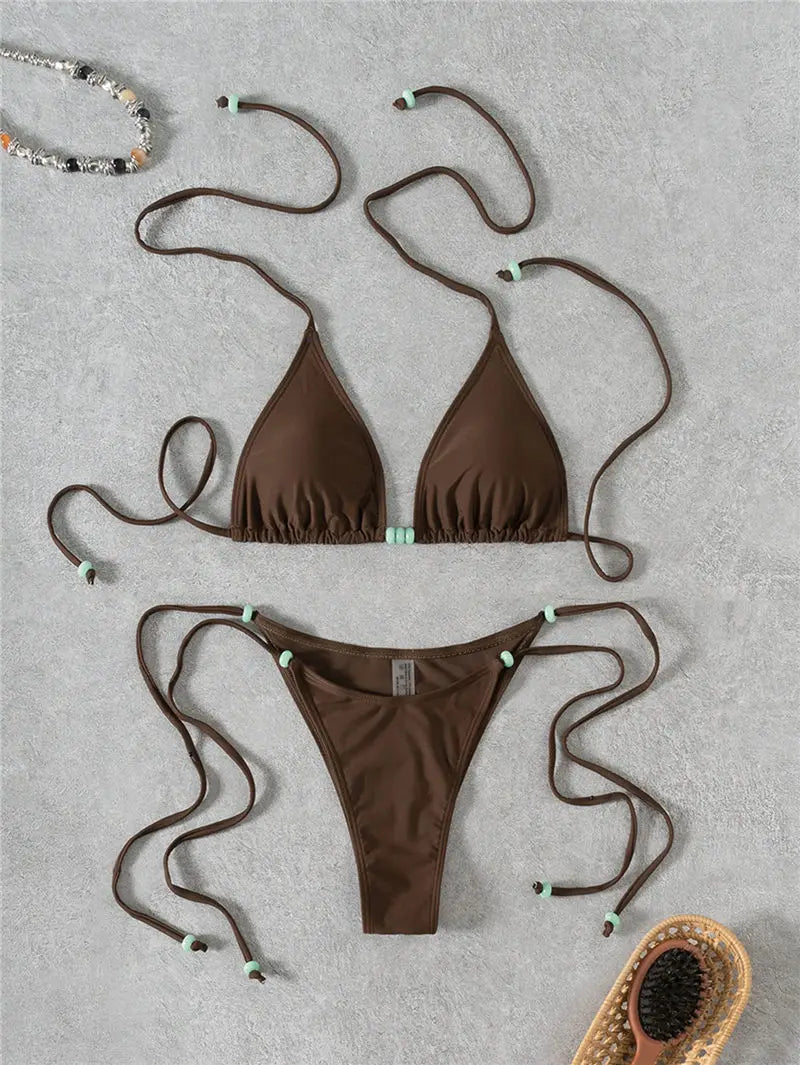 Women's Halter Keyhole Top and Side Tie Bikini Briefs Set