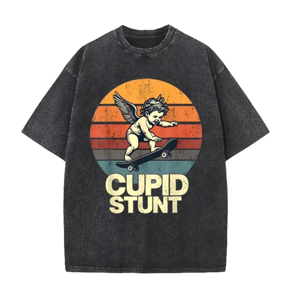 Retro Beige Cupid Stunt Skate Graphic Acid Wash Oversized Tee
