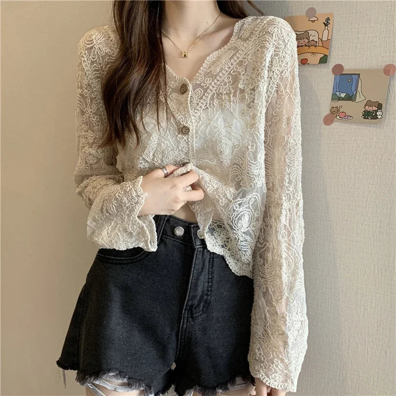 Women's Lace V Neck Long Sleeve Button Front Blouse