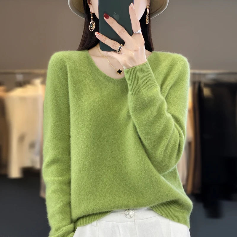 Women's V Neck Long Sleeve Sweater Casual Knit Layer