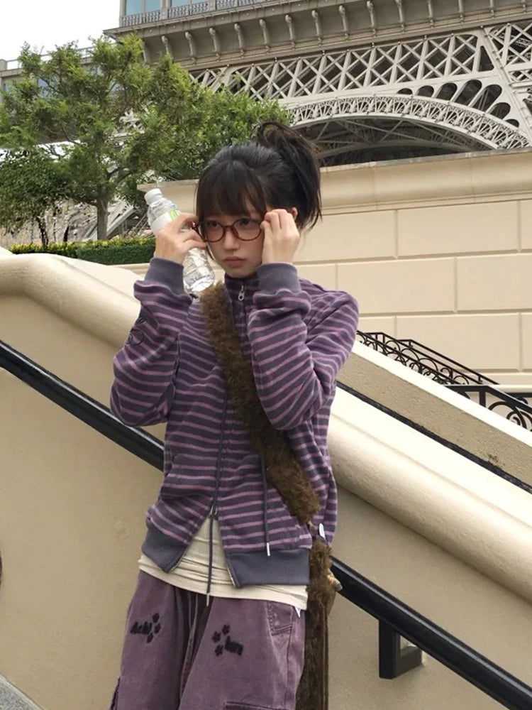 Striped Long Sleeve Front Closure Casual Jacket for Layering