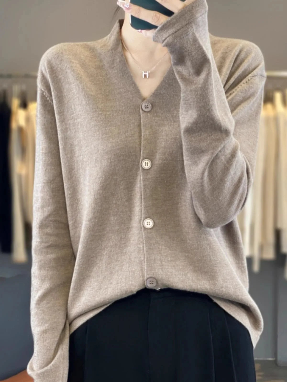 Light luxury retro style! V-neck pure cashmere knit cardigan women's autumn and winter loose wool top bottom sweater coat