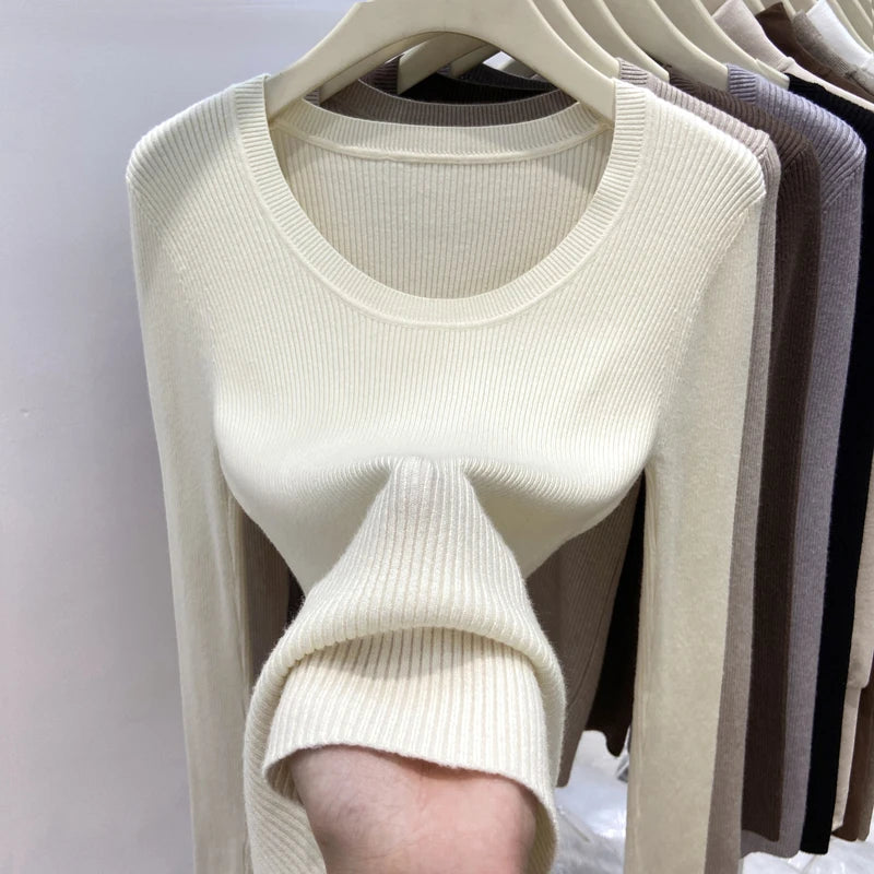 Women's Scoop Neck Ribbed Long Sleeve Sweater Casual Knit Layer