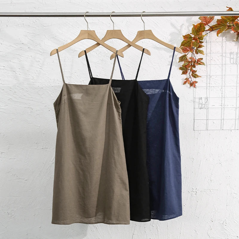 Women's Cotton-Linen Sleeveless A-Line Mini Dress with Straps and Back Tie Detail