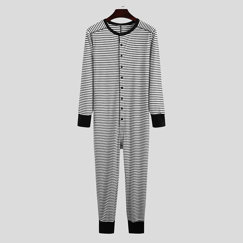Men's Striped Button Front Long Sleeve Pajama Lounge Jumpsuit