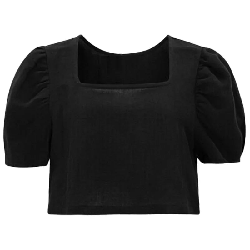 Women's Cotton-Linen Square-Neck Cropped Blouse with Short Puff Sleeves for Summer Outfits