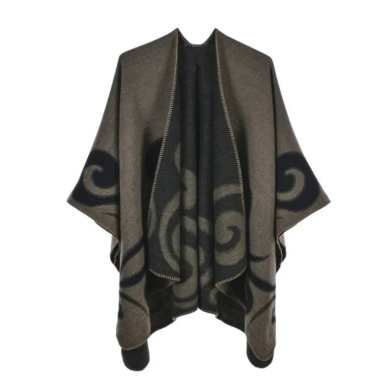 Patterned Fringed Open Front Poncho for Layering over Outfits
