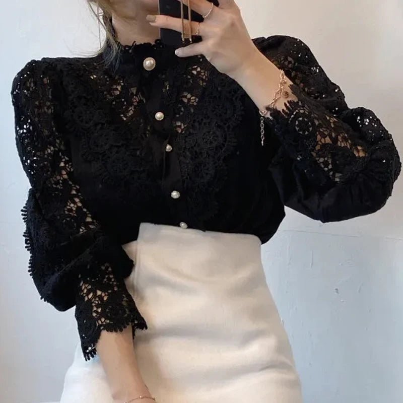 Women's Lace Stand Collar Long Sleeve Button Front Blouse