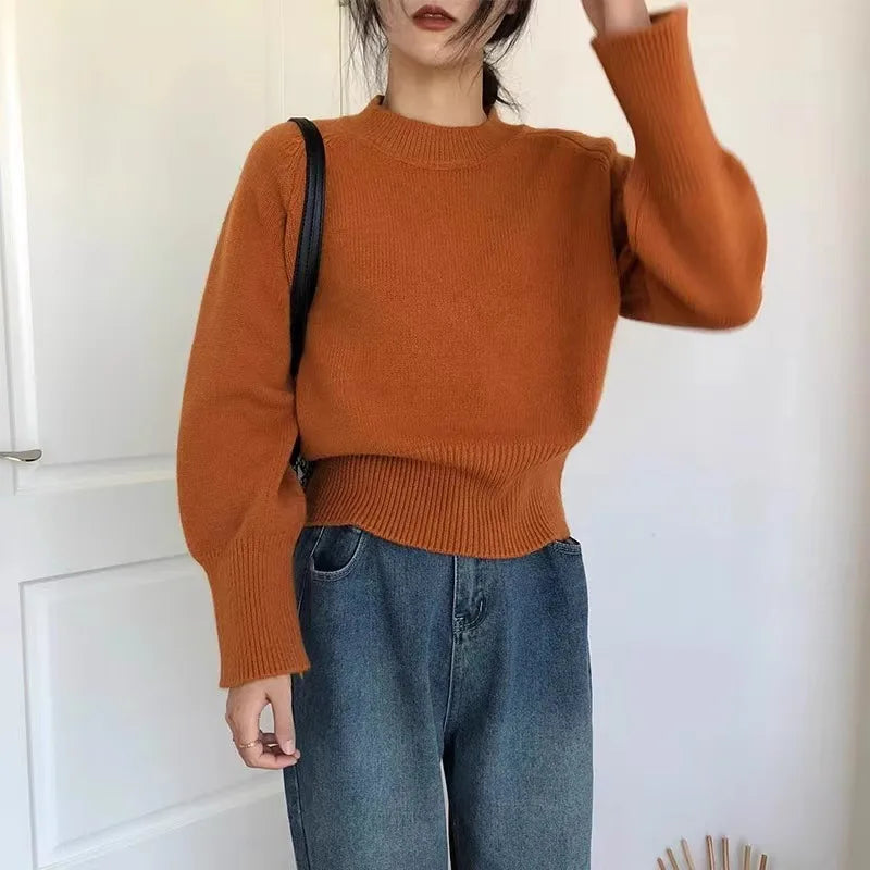 Pure wool retro sweater crewneck pullover short knitwear women's top trend