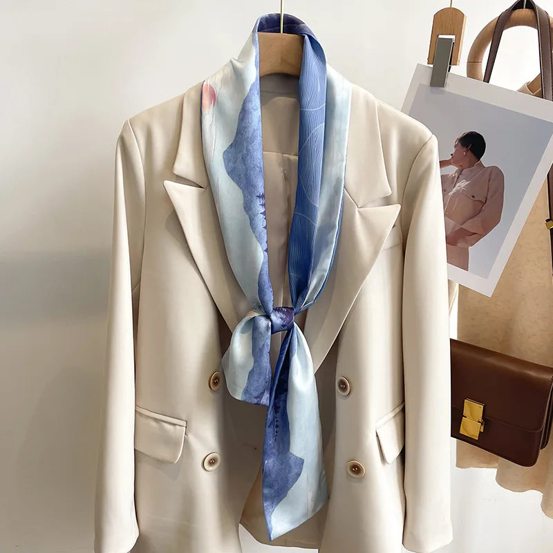 Printed Long Narrow Scarf with Decorative Ribbon Shape